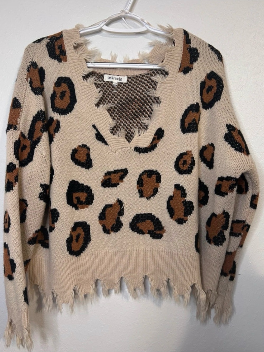 Miracle Beige Leopard-Print Distressed V-Neck Sweater with Brown and Black Spots